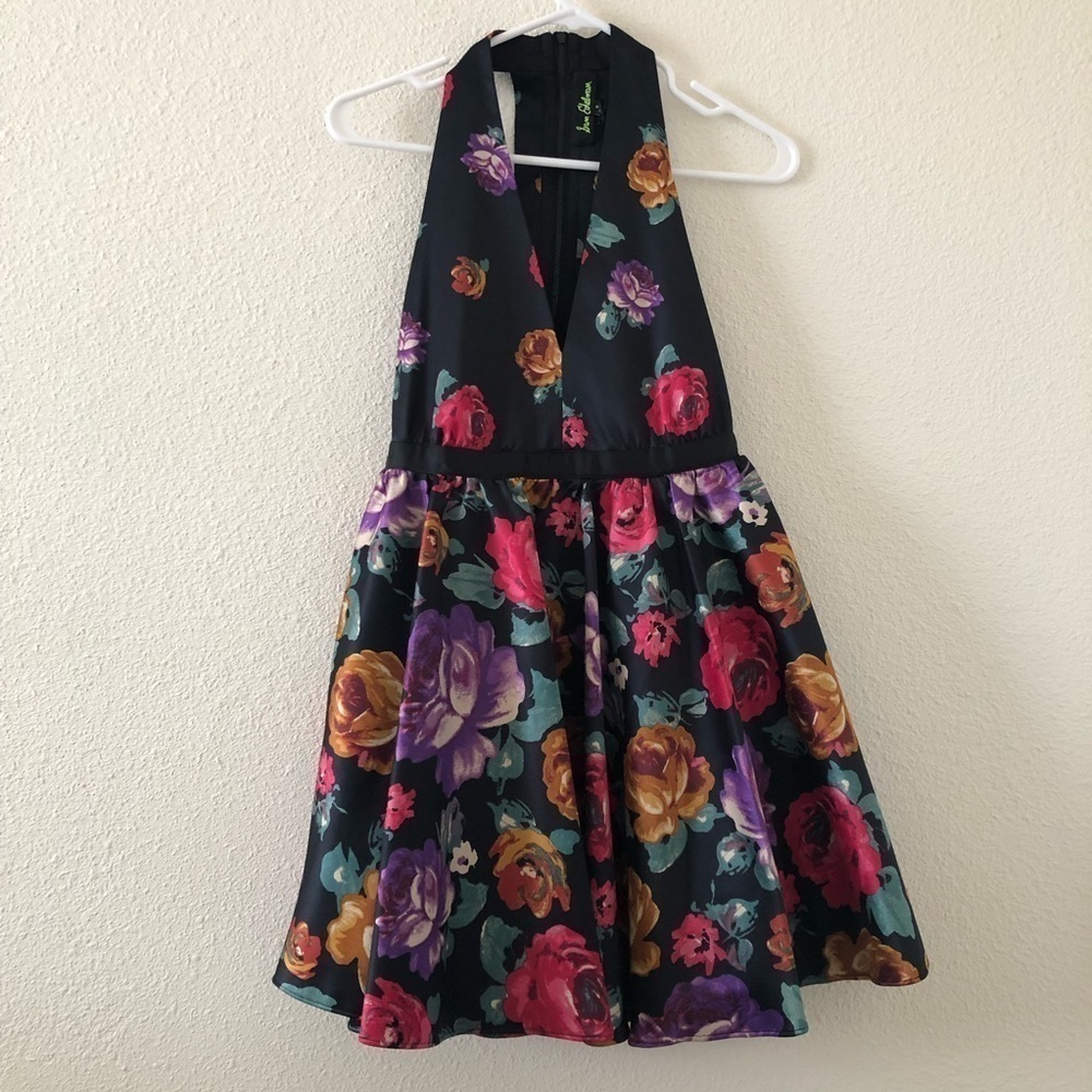 Sam Edelman black floral racer back front halter neck dress/